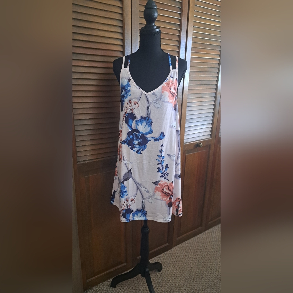 Floral Print Mini Dress in Blue and Orange
